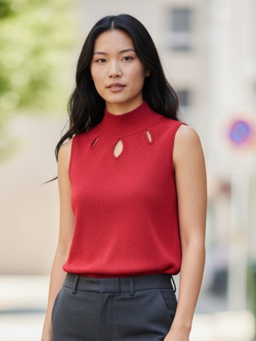 Mock-Neck Sleeveless Knit Top in Crimson Red With A Glitter Look.